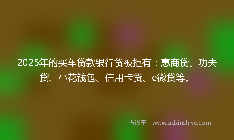 2025年的买车贷款银行贷被拒有：惠商贷、功夫贷、小花钱包、信用卡贷、e微贷等。