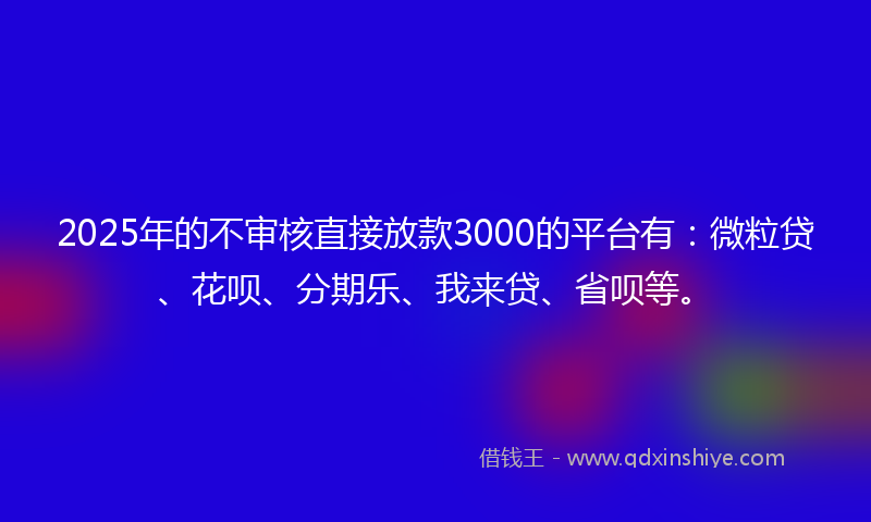 2025年的不审核直接放款3000的平台有：微粒贷、花呗、分期乐、我来贷、省呗等。