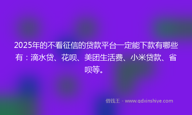 2025年的不看征信的贷款平台一定能下款有哪些有：滴水贷、花呗、美团生活费、小米贷款、省呗等。