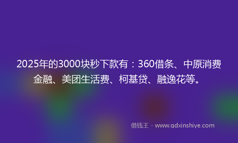 2025年的3000块秒下款有：360借条、中原消费金融、美团生活费、柯基贷、融逸花等。