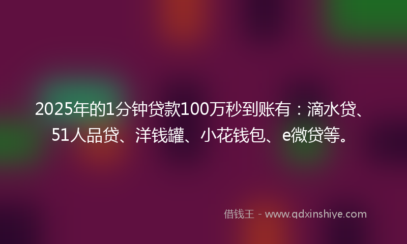 2025年的1分钟贷款100万秒到账有：滴水贷、51人品贷、洋钱罐、小花钱包、e微贷等。