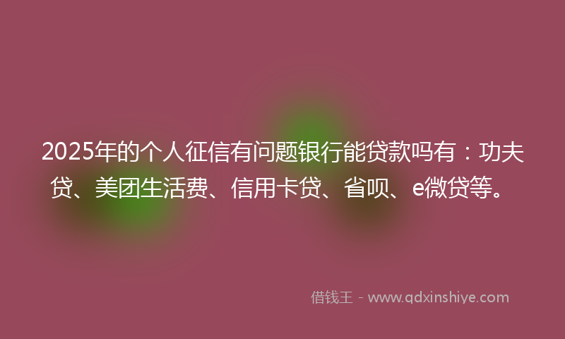 2025年的个人征信有问题银行能贷款吗有：功夫贷、美团生活费、信用卡贷、省呗、e微贷等。