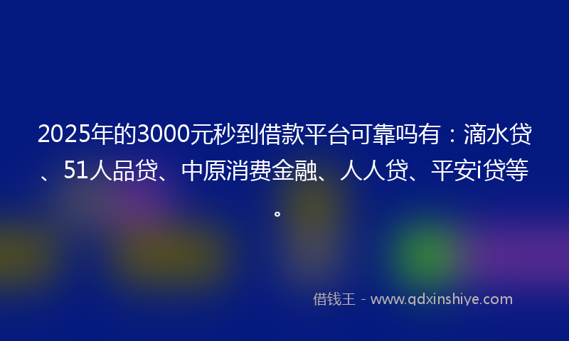 2025年的3000元秒到借款平台可靠吗有：滴水贷、51人品贷、中原消费金融、人人贷、平安i贷等。