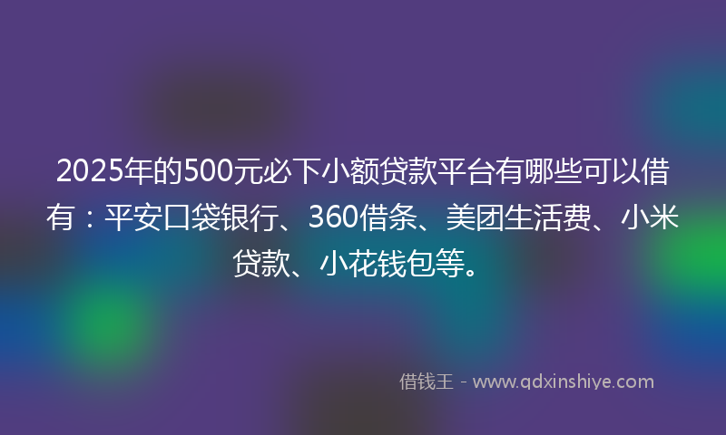 2025年的500元必下小额贷款平台有哪些可以借有：平安口袋银行、360借条、美团生活费、小米贷款、小花钱包等。