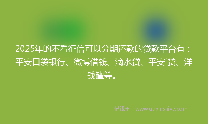 2025年的不看征信可以分期还款的贷款平台有：平安口袋银行、微博借钱、滴水贷、平安i贷、洋钱罐等。