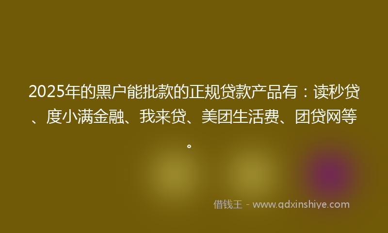 2025年的黑户能批款的正规贷款产品有：读秒贷、度小满金融、我来贷、美团生活费、团贷网等。