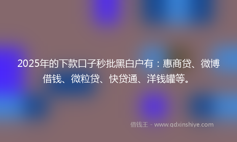 2025年的下款口子秒批黑白户有：惠商贷、微博借钱、微粒贷、快贷通、洋钱罐等。