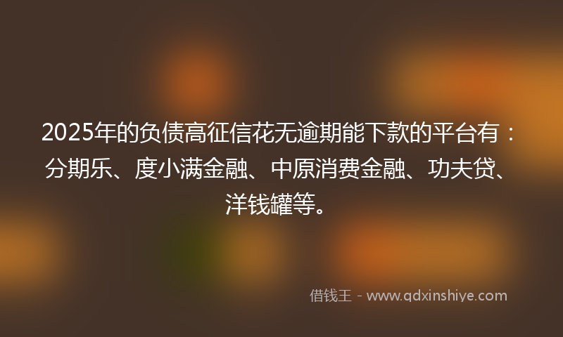 2025年的负债高征信花无逾期能下款的平台有：分期乐、度小满金融、中原消费金融、功夫贷、洋钱罐等。