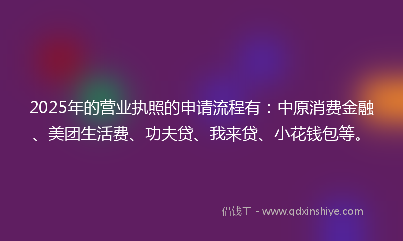 2025年的营业执照的申请流程有：中原消费金融、美团生活费、功夫贷、我来贷、小花钱包等。