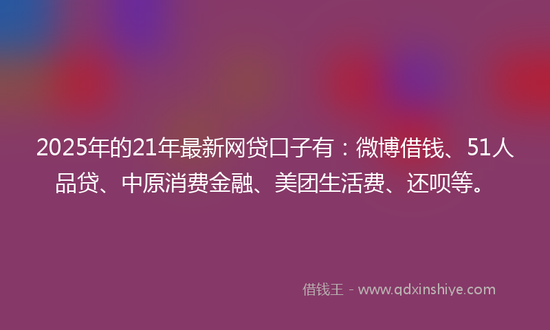2025年的21年最新网贷口子有：微博借钱、51人品贷、中原消费金融、美团生活费、还呗等。
