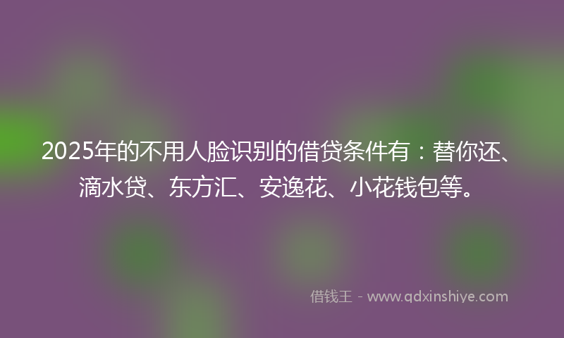 2025年的不用人脸识别的借贷条件有：替你还、滴水贷、东方汇、安逸花、小花钱包等。
