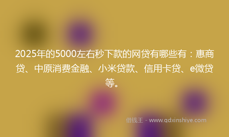 2025年的5000左右秒下款的网贷有哪些有：惠商贷、中原消费金融、小米贷款、信用卡贷、e微贷等。