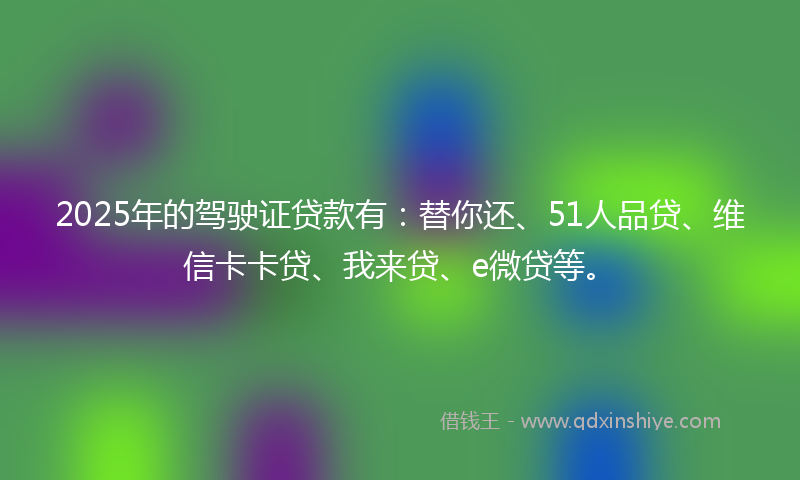 2025年的驾驶证贷款有：替你还、51人品贷、维信卡卡贷、我来贷、e微贷等。