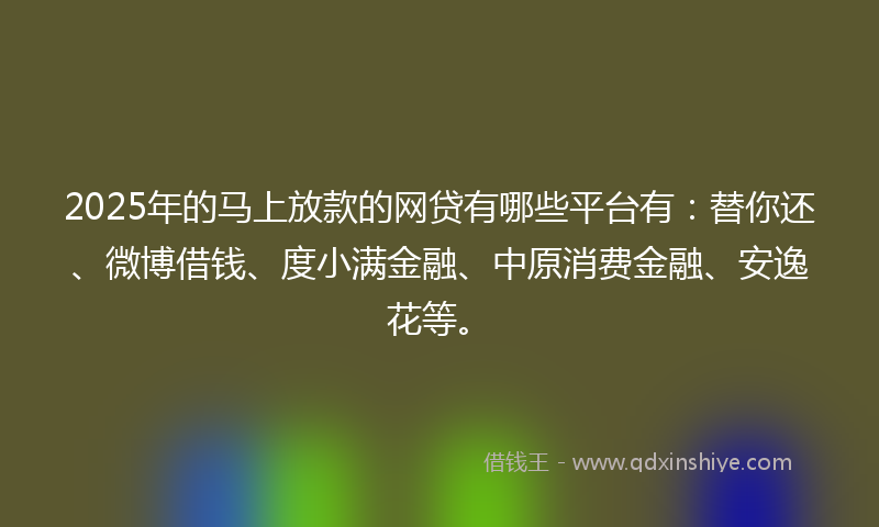 2025年的马上放款的网贷有哪些平台有：替你还、微博借钱、度小满金融、中原消费金融、安逸花等。