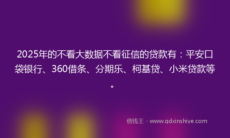 2025年的不看大数据不看征信的贷款有：平安口袋银行、360借条、分期乐、柯基贷、小米贷款等。