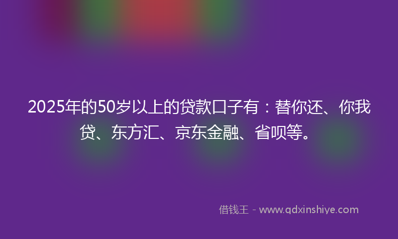 2025年的50岁以上的贷款口子有：替你还、你我贷、东方汇、京东金融、省呗等。
