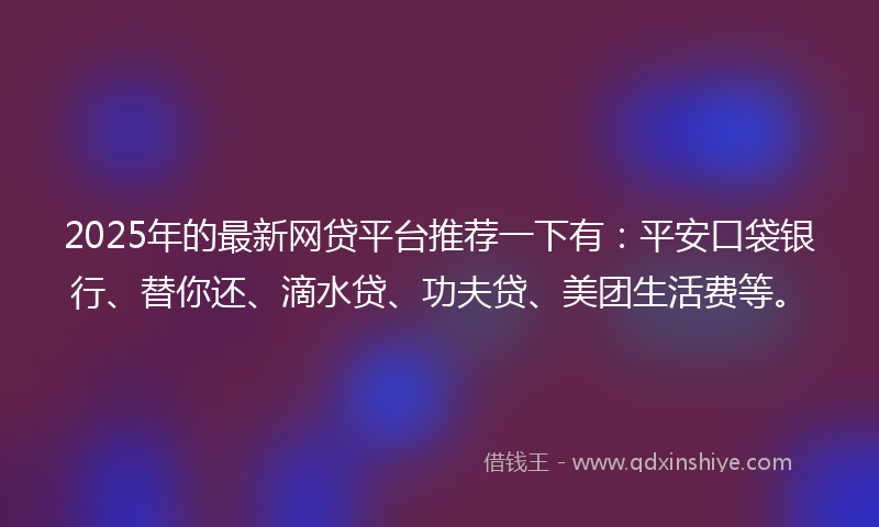 2025年的最新网贷平台推荐一下有：平安口袋银行、替你还、滴水贷、功夫贷、美团生活费等。