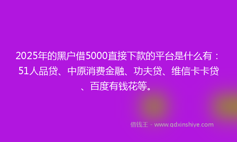 2025年的黑户借5000直接下款的平台是什么有：51人品贷、中原消费金融、功夫贷、维信卡卡贷、百度有钱花等。