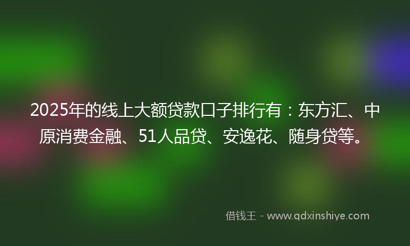 2025年的线上大额贷款口子排行有：东方汇、中原消费金融、51人品贷、安逸花、随身贷等。