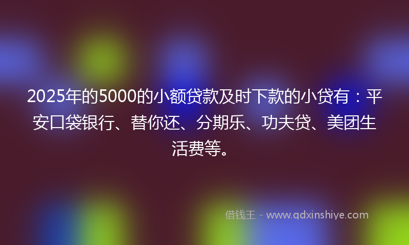 2025年的5000的小额贷款及时下款的小贷有：平安口袋银行、替你还、分期乐、功夫贷、美团生活费等。