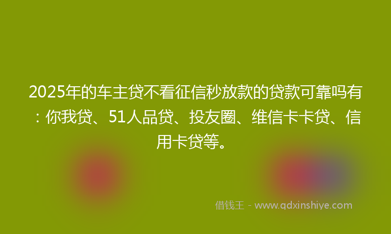 2025年的车主贷不看征信秒放款的贷款可靠吗有：你我贷、51人品贷、投友圈、维信卡卡贷、信用卡贷等。