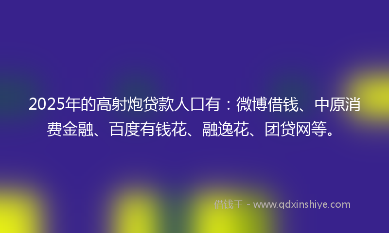 2025年的高射炮贷款人口有：微博借钱、中原消费金融、百度有钱花、融逸花、团贷网等。