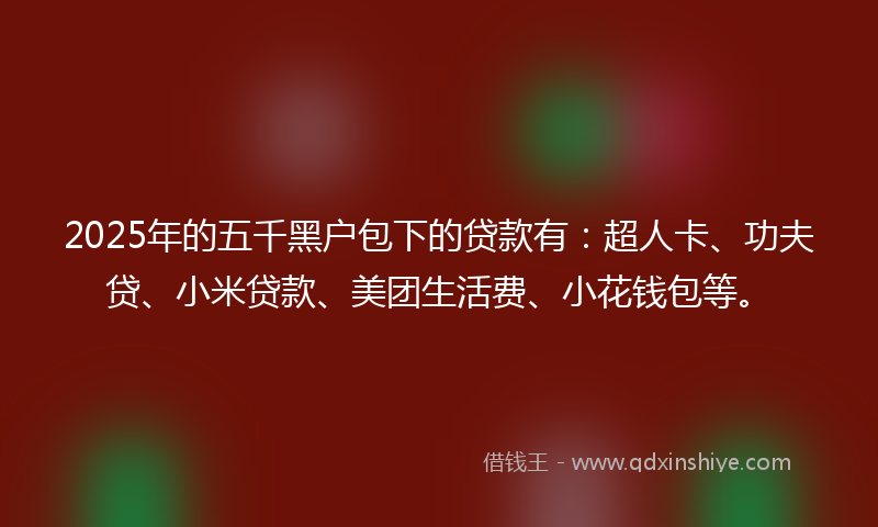 2025年的五千黑户包下的贷款有：超人卡、功夫贷、小米贷款、美团生活费、小花钱包等。