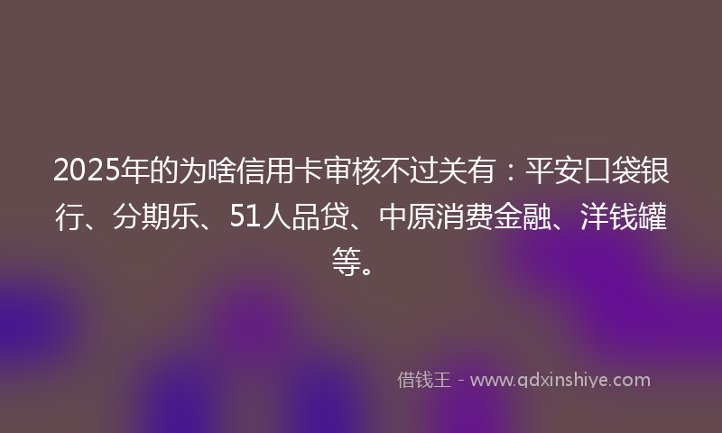 2025年的为啥信用卡审核不过关有：平安口袋银行、分期乐、51人品贷、中原消费金融、洋钱罐等。