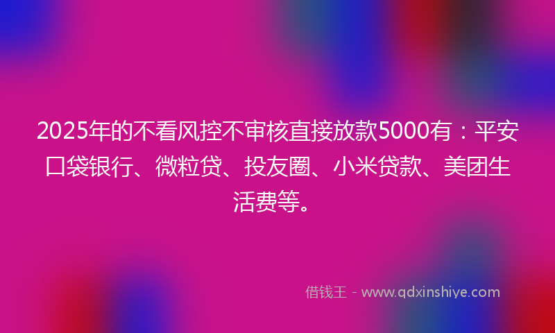 2025年的不看风控不审核直接放款5000有：平安口袋银行、微粒贷、投友圈、小米贷款、美团生活费等。