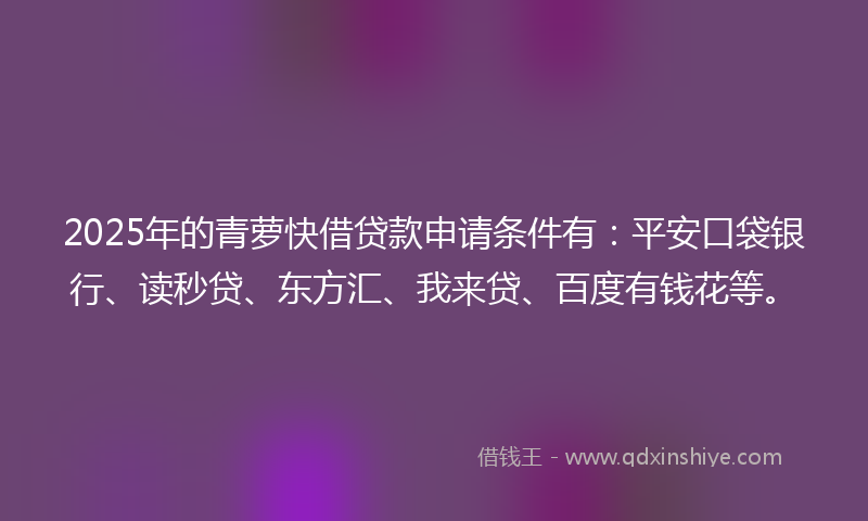 2025年的青萝快借贷款申请条件有：平安口袋银行、读秒贷、东方汇、我来贷、百度有钱花等。