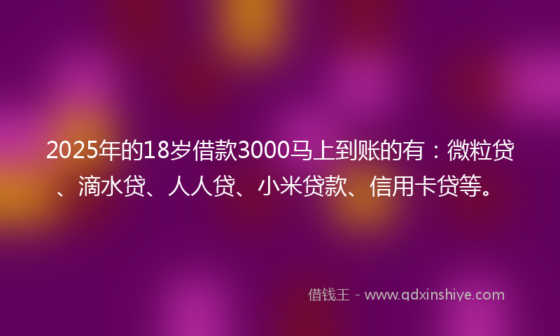 2025年的18岁借款3000马上到账的有：微粒贷、滴水贷、人人贷、小米贷款、信用卡贷等。