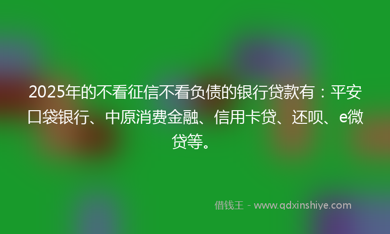 2025年的不看征信不看负债的银行贷款有：平安口袋银行、中原消费金融、信用卡贷、还呗、e微贷等。