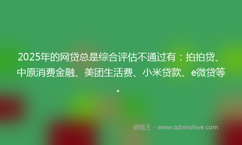 2025年的网贷总是综合评估不通过有：拍拍贷、中原消费金融、美团生活费、小米贷款、e微贷等。