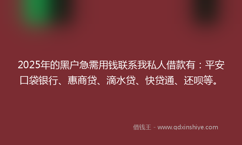 2025年的黑户急需用钱联系我私人借款有：平安口袋银行、惠商贷、滴水贷、快贷通、还呗等。