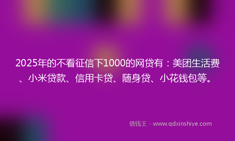 2025年的不看征信下1000的网贷有：美团生活费、小米贷款、信用卡贷、随身贷、小花钱包等。