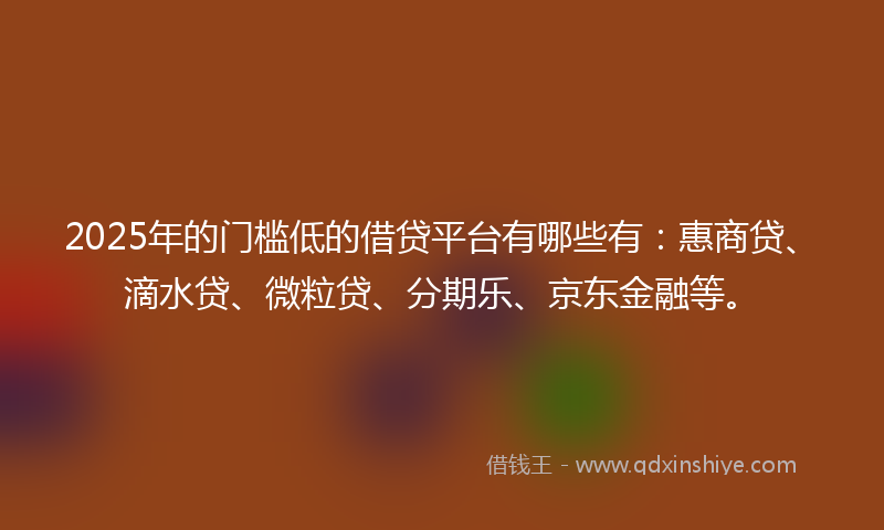 2025年的门槛低的借贷平台有哪些有：惠商贷、滴水贷、微粒贷、分期乐、京东金融等。