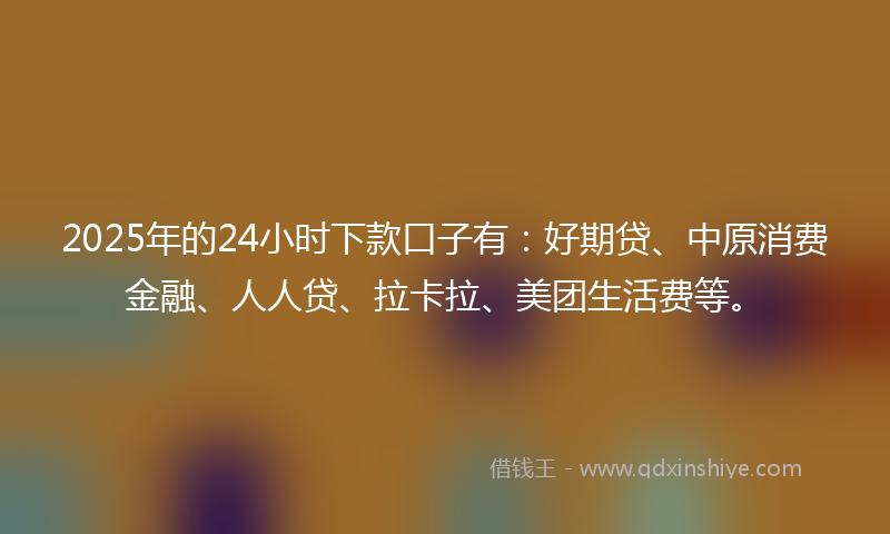 2025年的24小时下款口子有：好期贷、中原消费金融、人人贷、拉卡拉、美团生活费等。