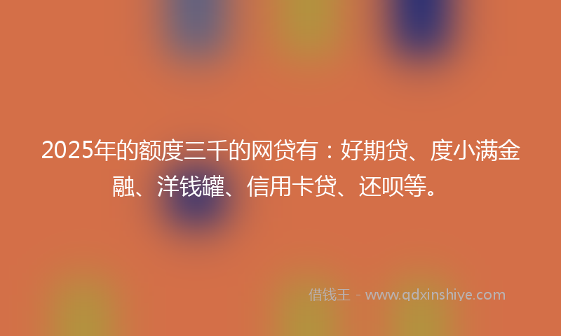 2025年的额度三千的网贷有：好期贷、度小满金融、洋钱罐、信用卡贷、还呗等。
