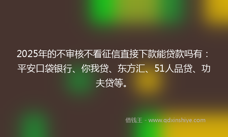2025年的不审核不看征信直接下款能贷款吗有：平安口袋银行、你我贷、东方汇、51人品贷、功夫贷等。