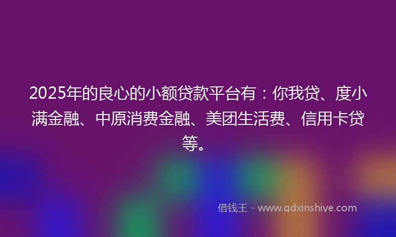 2025年的良心的小额贷款平台有：你我贷、度小满金融、中原消费金融、美团生活费、信用卡贷等。