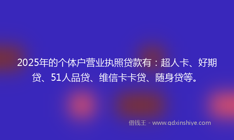 2025年的个体户营业执照贷款有：超人卡、好期贷、51人品贷、维信卡卡贷、随身贷等。
