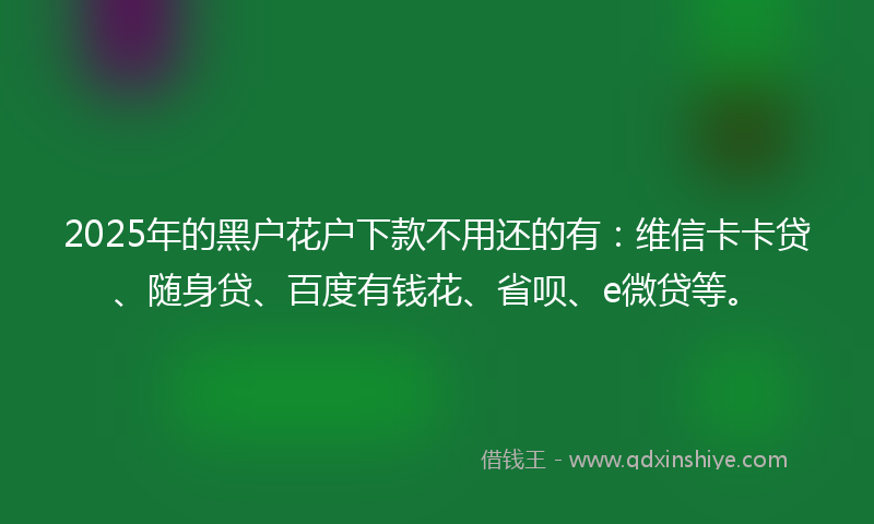 2025年的黑户花户下款不用还的有：维信卡卡贷、随身贷、百度有钱花、省呗、e微贷等。