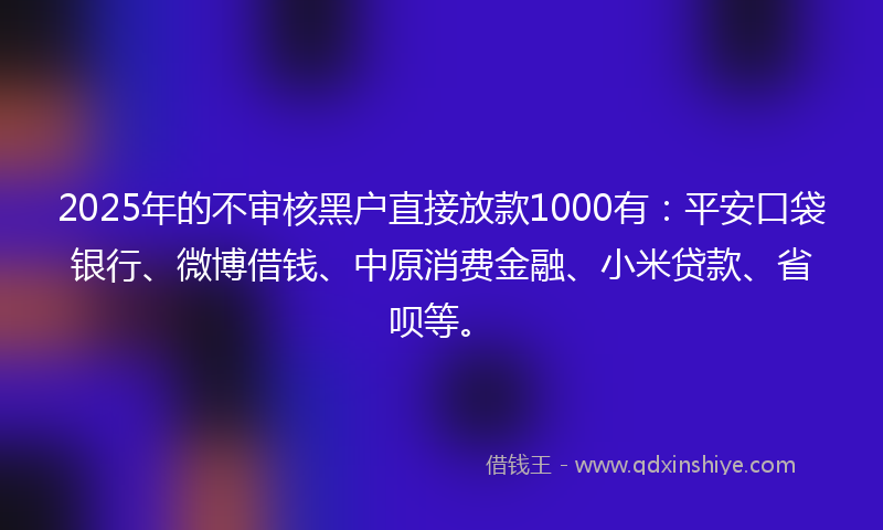 2025年的不审核黑户直接放款1000有：平安口袋银行、微博借钱、中原消费金融、小米贷款、省呗等。