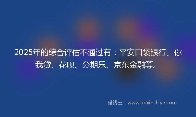 2025年的综合评估不通过有：平安口袋银行、你我贷、花呗、分期乐、京东金融等。