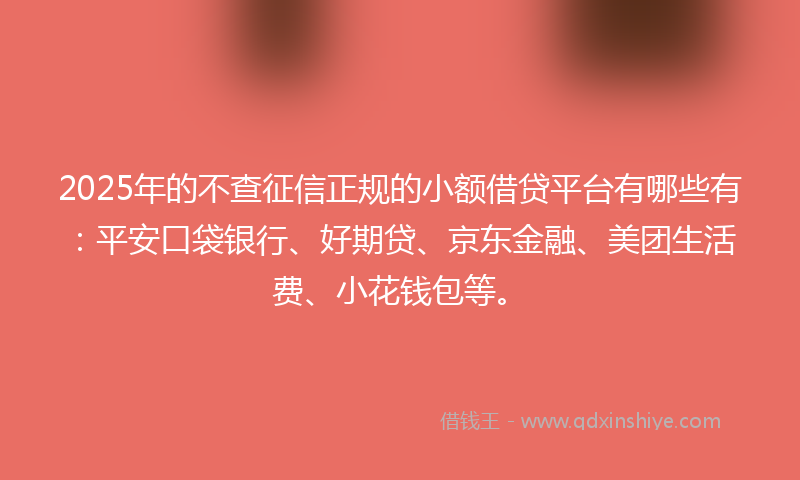 2025年的不查征信正规的小额借贷平台有哪些有：平安口袋银行、好期贷、京东金融、美团生活费、小花钱包等。