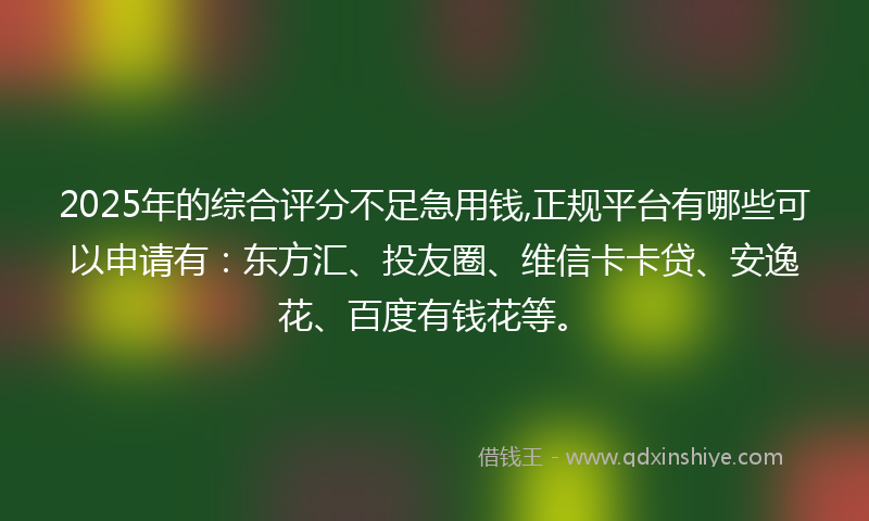 2025年的综合评分不足急用钱,正规平台有哪些可以申请有：东方汇、投友圈、维信卡卡贷、安逸花、百度有钱花等。