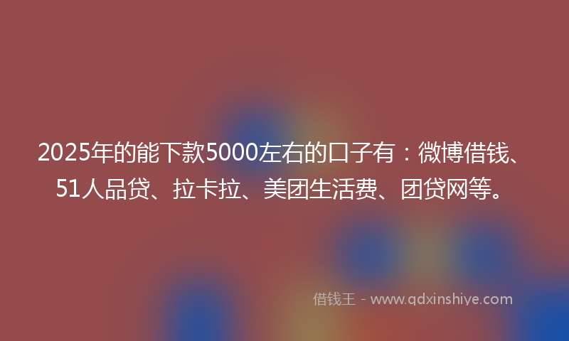 2025年的能下款5000左右的口子有：微博借钱、51人品贷、拉卡拉、美团生活费、团贷网等。