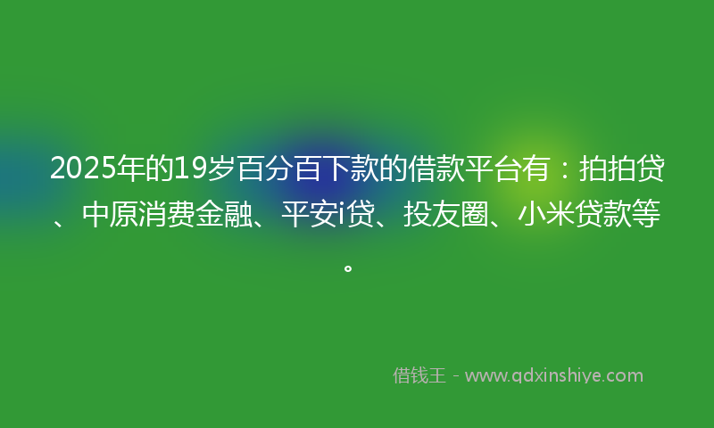 2025年的19岁百分百下款的借款平台有：拍拍贷、中原消费金融、平安i贷、投友圈、小米贷款等。