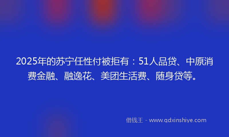 2025年的苏宁任性付被拒有：51人品贷、中原消费金融、融逸花、美团生活费、随身贷等。