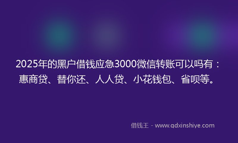 2025年的黑户借钱应急3000微信转账可以吗有：惠商贷、替你还、人人贷、小花钱包、省呗等。